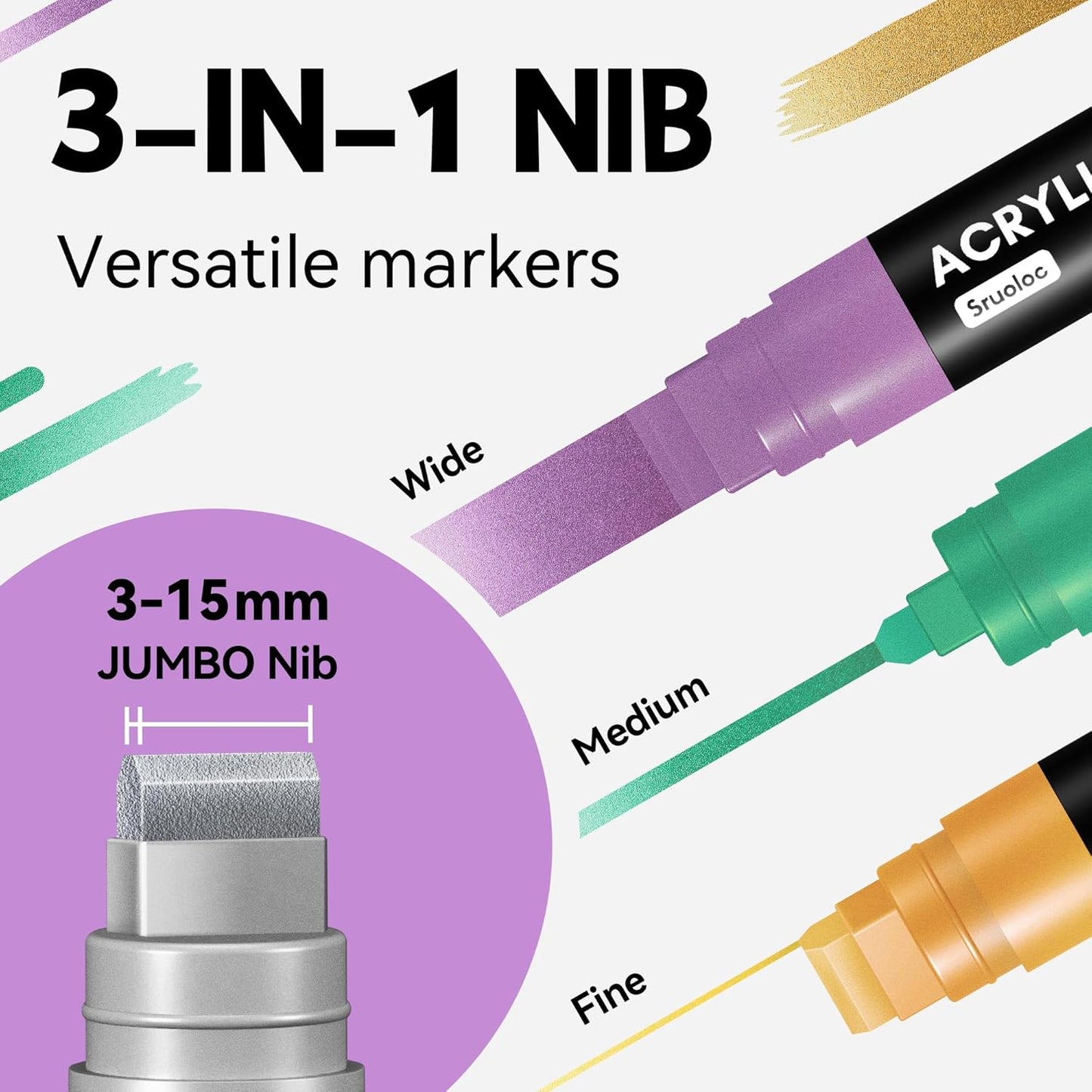 12 Metallic Colors Jumbo Markers, 15mm Jumbo Felt Tip, Acrylic Paint Markers for Rock Painting, Poster, Stone, Ceramic, Glass, Wood, Canvas