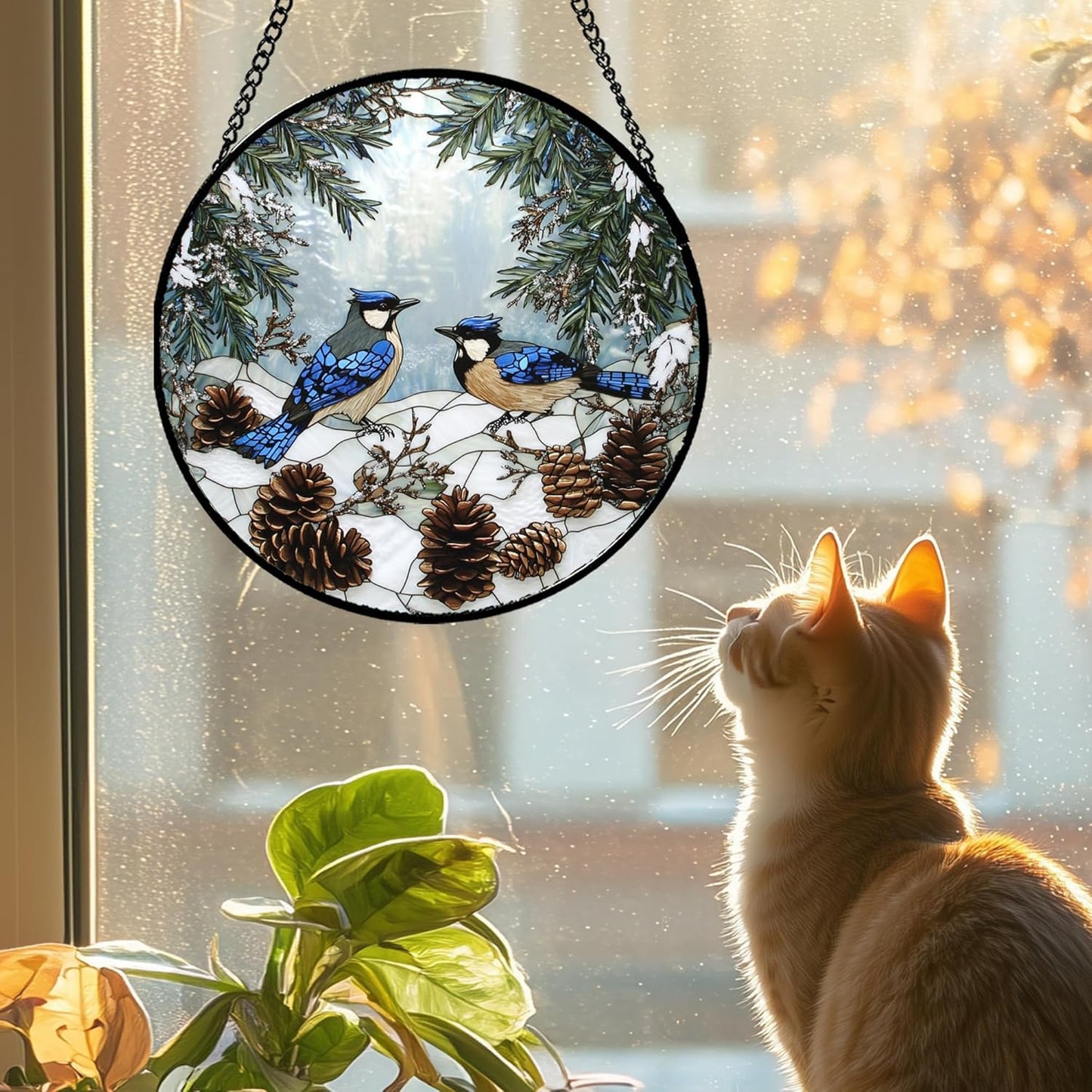 Stained Glass Window Hanging - Blue Bird Winter Forest Landscape Suncatcher for Door Garden Yard Sun Catchers Decor Christmas Mother's Day Birthday Gifts for Women Mom Nana Friend 7.8 in