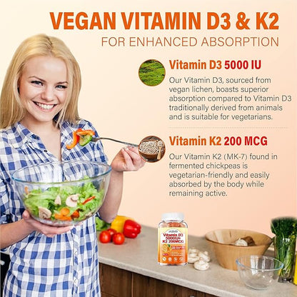 2Packs Vitamin D3 K2 Gummies for Adults, Sugar-Free Vitamin D3 5000IU + K2(MK-7) 200mcg Supplement with Vitamin B Complex & Vitamin C E Supports Bone, Muscle, Teeth & Immune, Vegan, Gluten Free