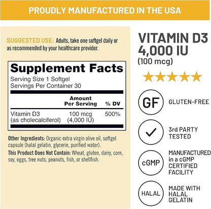 NatureWise Vitamin D3 4000iu (100 mcg) 30-Day Supply for Immune Support, Healthy Muscle Function, and Bone Health - Non-GMO, Gluten Free in Organic Extra Virgin Olive Oil, (Mini Softgel), 30 Count