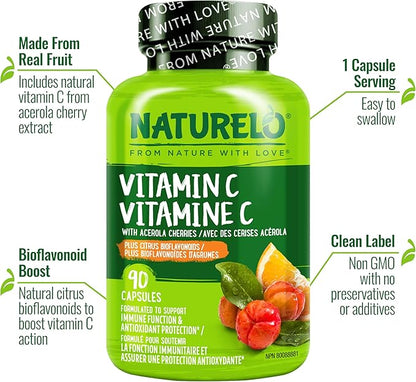 NATURELO Vitamin C with Organic Acerola Cherry Extract and Citrus Bioflavonoids - Vegan Supplement - Immune Support - 500 mg VIT C per Cap - Non-GMO - 90 Capsules
