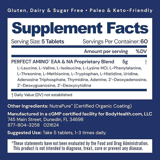 BodyHealth PerfectAmino (300 ct) Easy to Swallow Tablets, Essential Amino Acids Supplement with BCAAs, Vegan Protein for Pre/Post Workout & Muscle Recovery with Lysine, Tryptophan, Leucine, Methionine