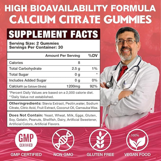 Calcium Citrate Gummies 1200mg for Adults & Kids - Bone & Teeth Support, Easy Absorption, Delicious Raspberry Flavor - Non-GMO, Gluten Free, Vegan - 120 Count