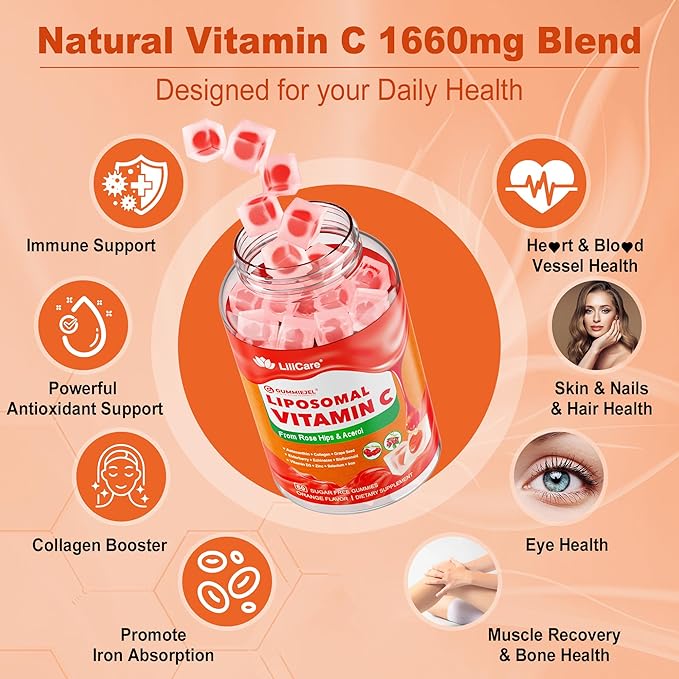 Natural Liposomal Vitamin C 1000mg Gummies for Adults Kids 9+, 1660mg Chewable Vitamin C w/ 11mg Zinc, D3, Elderberry, Echinacea, Bioflavonoid, Astaxanthin - Organic VIT C from Fruits, Sugar Free