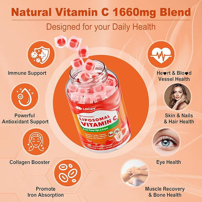 Liposomal Vitamin C 1000mg Filled Gummies for Adults & Kids 9+, 1660mg Blend w/Echinacea, Elderberry, D3, Zinc, Iron, Bioflavonoid, Astaxanthin, Natural Organic Chewable Vitamin C, Sugar Free, 2Pack