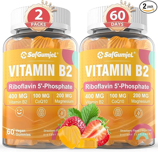 Vitamin B2 Gummies, Riboflavin 400mg for Adults & Kids, w/Magnesium & CoQ10 for Energy & Nervous System Support, Sugar Free B2 Vitamin VIT B, Non GMO, Vegan, 120 Counts