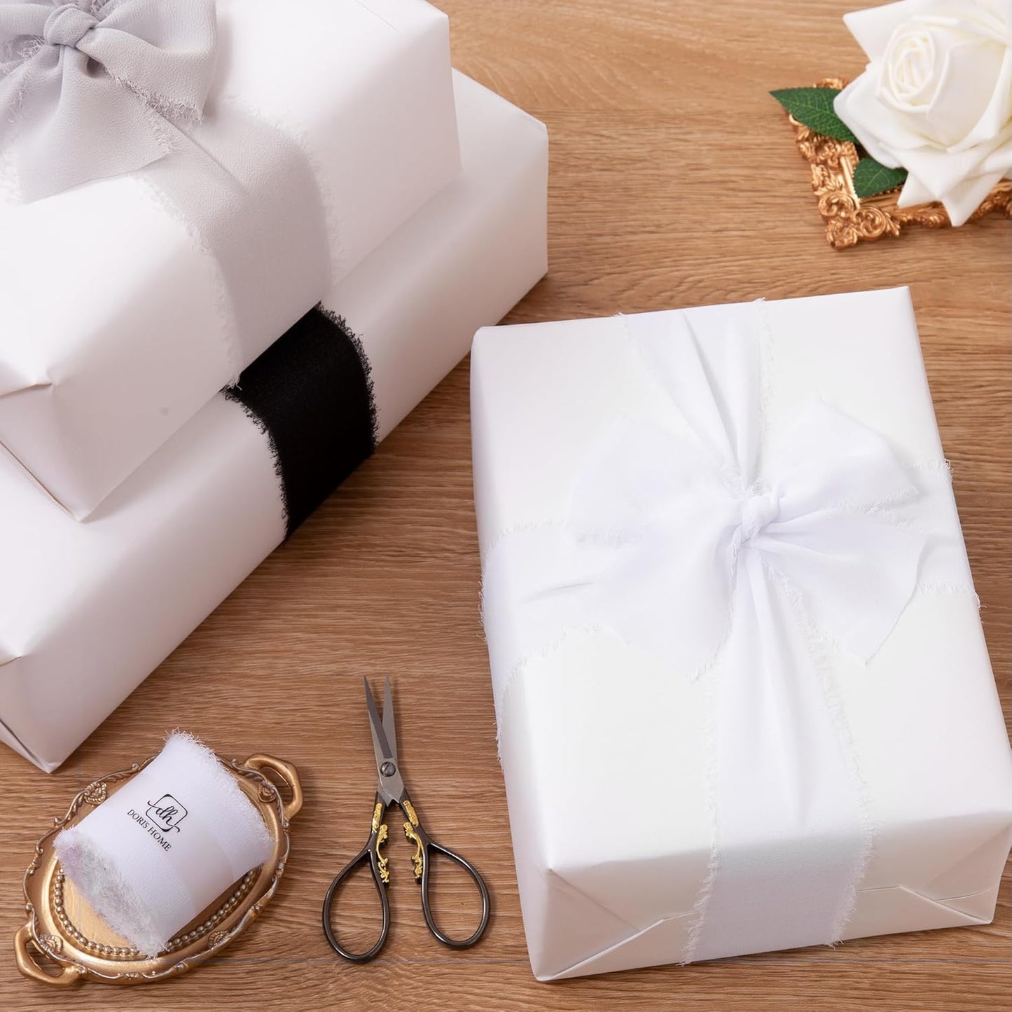 DORIS HOME White Chiffon Ribbon for Flower Bouquet, 2" x21Yd Fabric Ribbon for Gift Wrapping, Handmade Frayed Ribbon for Wedding/Christmas Decorations