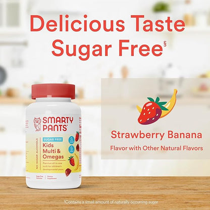 SmartyPants Kids Multivitamin Gummies, Sugar Free: Omega 3 (ALA), Vitamin D3, C, Vitamin B12, B6, A, K & Zinc for Immune Support, Biotin, Erythritol Free, Strawberry Banana, 44 Count (22 Day Supply)