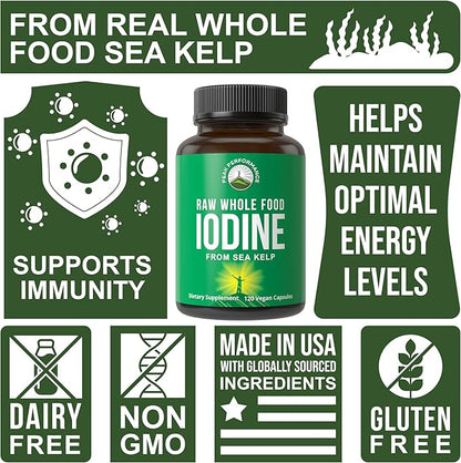 Raw Whole Food Iodine Supplement from Organic Kelp (Ascophyllum Nodosum) by Peak Performance. Potassium Iodide Support Tablets. for Metabolism, Energy, and Immune. 120 Vegan Capsules, Pills.