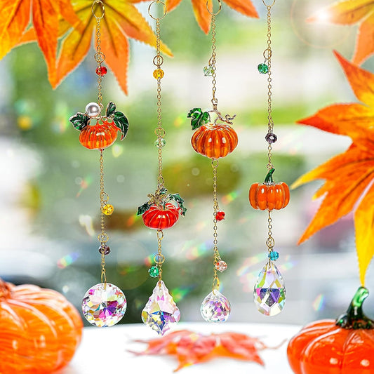 HDCRYSTALGIFTS Set 4 Fall Pumpkin Suncatchers Crystals Sun Catchers Indoor Window Hanging Thanksgiving Tree Decorations for Farmhouse Harvest Autumn Home Party Decor