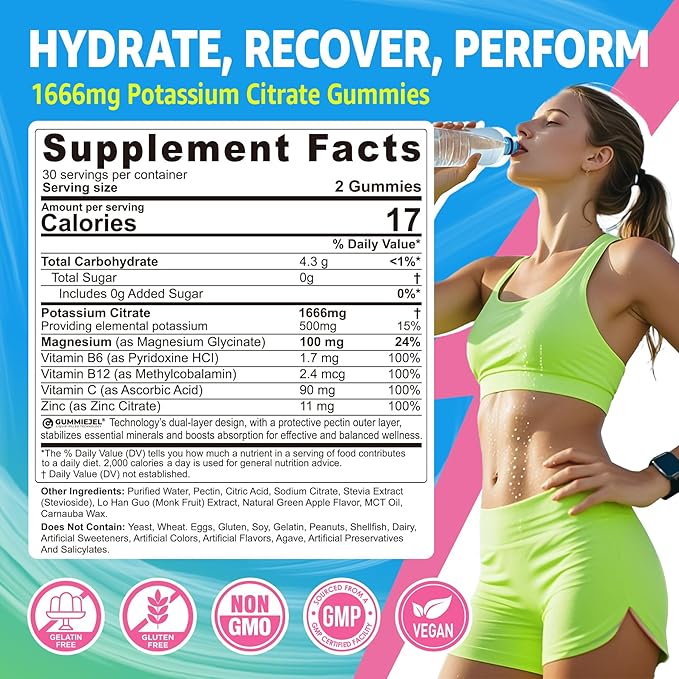 Potassium Citrate Gummies 1666mg for Adults - Potassium Supplement, Magnesium Glycinate, Zinc, B6, B12 & C – Electrolyte Gummies for Energy, Recovery & Leg Cramps, Vegan 60 Cts