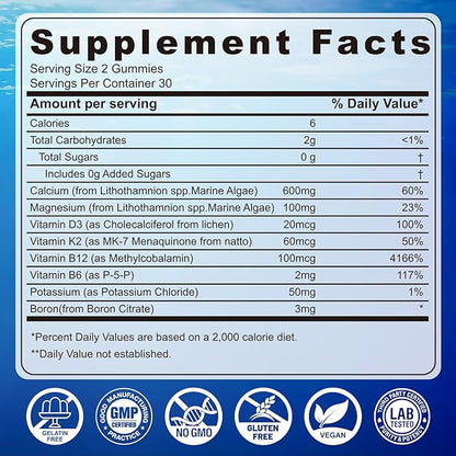 Calcium Gummies 600mg - Calcium Supplement for Women, Ocean Algae Calcium | Vitamin D3, K2, Magnesium | for Bone Strength, Muscle & Immnue | Sustainably Sourced Algae Calcium, 70+ Mineral, Vegan,2PACK
