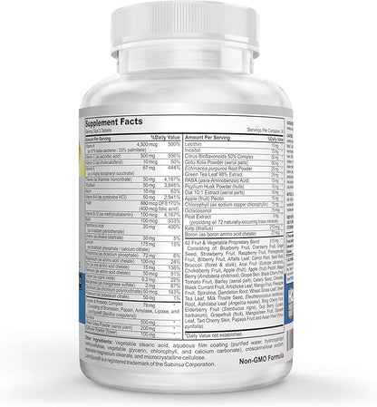 Vegan Whole Food Multivitamin & Mineral - Vitamins A B1 B2 B6 B12 C D3 E & 110 Super Foods, Herbs, Greens & Reds - Enzymes & Probiotics for Immune Support - Energy Boost - 90 Tablets