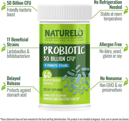 NATURELO Probiotics for Digestive Health - 50 Billion CFU, 11 Strains, Daily Use Supplement - Boosts Immune System, Delayed Release, No-Fridge, 60 Vegetarian Capsules (Pack of 2)