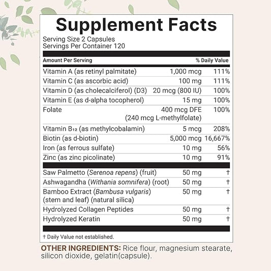 Micro Ingredients Hair Growth Vitamins for Women & Men, 240 Capsules | 14-in-1 Formula with Biotin, Collagen, Keratin, Saw Palmetto & More | Thicker, Fuller, Nourishes Thinning & Loss Hair Support