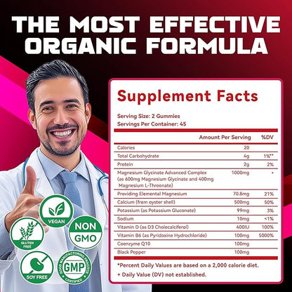 Magnesium Glycinate Gummies 1000mg - Sugar Free Magnesium Potassium Supplement with Vitamin D, B6, CoQ10 for Calm Mood & Sleep Support - 90 Raspberry Gummies.