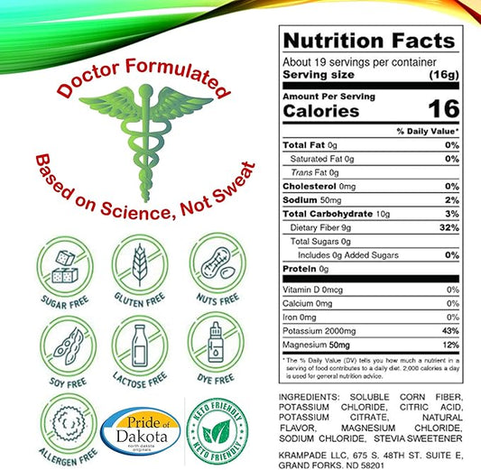 Fiber Supplement Electrolytes Powder - 9g Prebiotic Fiber + 2000mg Potassium Supplement + Magnesium | Cramp Relief | Hydration Packets| Digestive Health Support