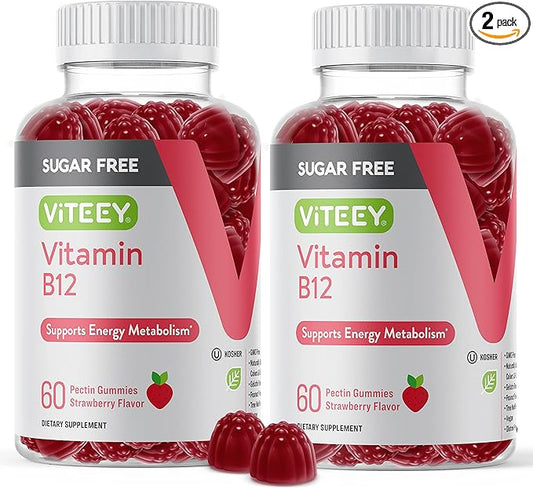 Viteey Vitamin B12 Gummies for Adults & Teens 1000mcg, Sugar Free - Good for Energy, Metabolism, Natural Energy Support - Vegan, Gelatin Free, Gluten Free, GMO Free - Chewable Strawberry Flavored