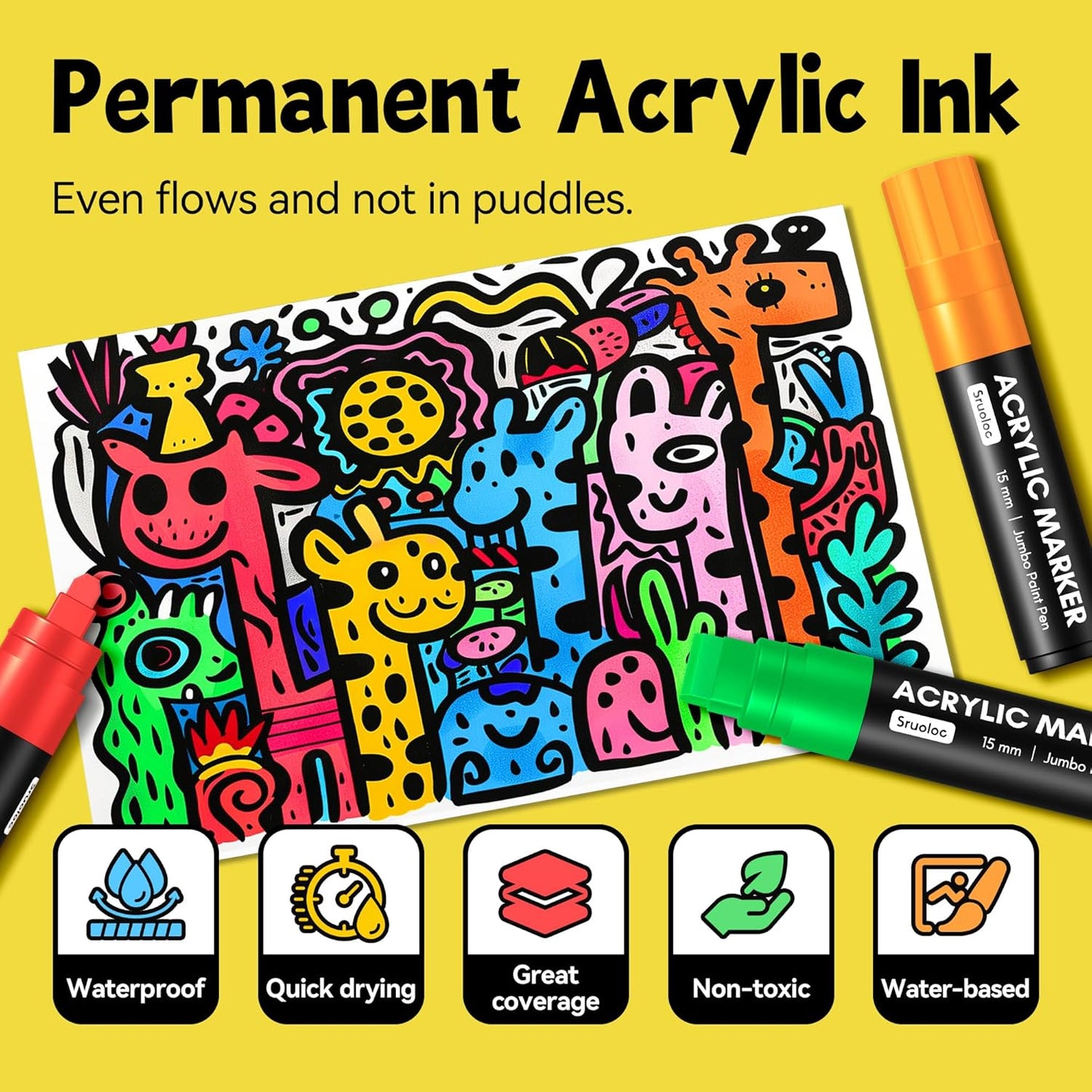 12 Colors Jumbo Markers, 15mm Jumbo Felt Tip, Acrylic Paint Markers for Rock Painting, Poster, Stone, Ceramic, Glass, Wood, Canvas