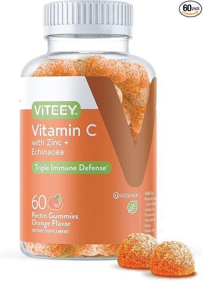 Viteey Vitamin C Gummies for Adults & Teens with Zinc & Echinacea - Immune Support Gummies - Vegan, Gelatin Free, Gluten Free, GMO Free - Tasty Vitamin C Chewable Orange Flavored Gummy
