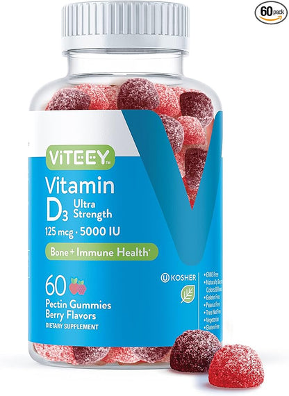 Viteey Vitamin D3 Gummies for Adults & Teens - 5,000 IU, 125mcg, Ultra Strength - Joint & Muscle Health, Immune Boost - Chewable Vitamin D Gummies - Vegetarian, Gelatin Free - Tasty Berry Flavored