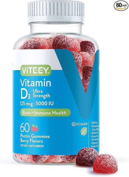 Viteey Vitamin D3 Gummies for Adults & Teens - 5,000 IU, 125mcg, Ultra Strength - Joint & Muscle Health, Immune Boost - Chewable Vitamin D Gummies - Vegetarian, Gelatin Free - Tasty Berry Flavored