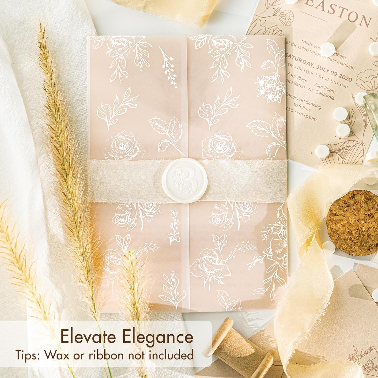 50 Pack Pre-Folded Vellum Jackets for 5x7 Invitations,AZAZA Translucent Invitation Sleeves,115GSM Vellum Jackets 5x7, Wedding Invitation Accessories,for Weddings Birthdays,Botanical Flower Pattern