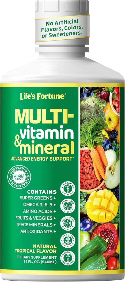 Life's Fortune Liquid Multivitamin for Adults Men & Women, Teens – High Absorption Daily Vitamins – Trace Minerals, Amino Acids with Biotin, L-Arginine, Potassium – Tropical Flavor, Sugar Free, 32 oz