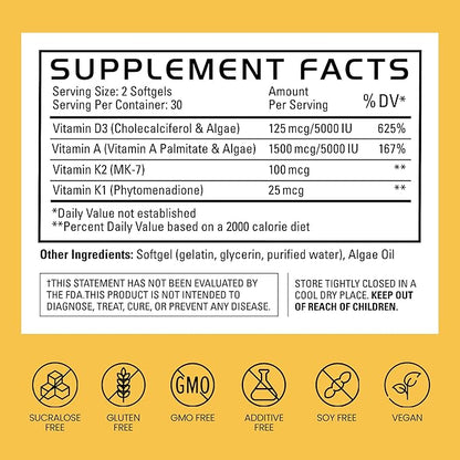 Gains in Bulk D3 K2 Supplement, Vitamin D3 5000 IU, Vitamin K2 100 Mcg, Vitamin A 5000 IU, Algae Oil with Omega 3, Wellness Support for Men & Women, Gluten Free, Vegan, Non GMO, 60 Softgels