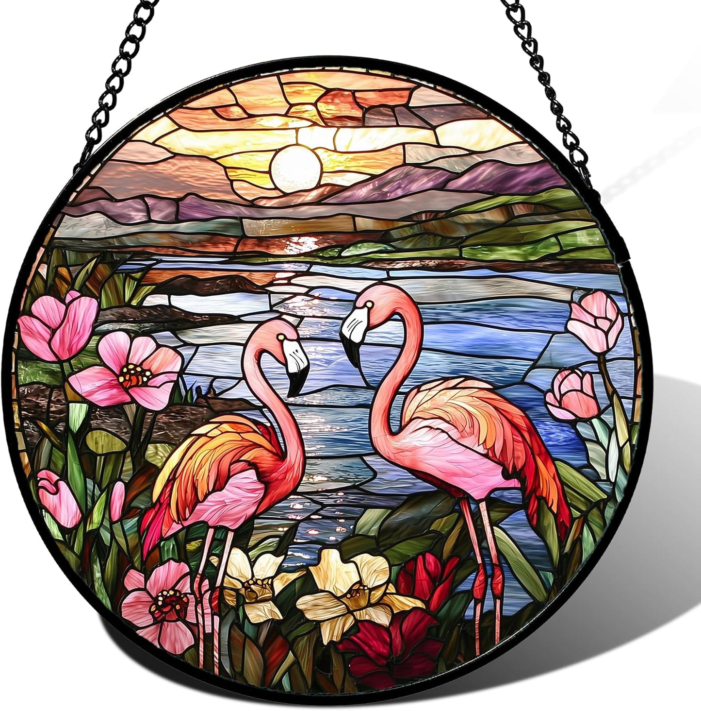 Stained Glass Window Hanging - Flamingo Wildflowers Landscape Suncatcher for Door Terrace Garden Home Decor Sunset Lake Sun Catcher Birthday Gifts for Lovers Women Men Dad Mom Nana 6.3 in