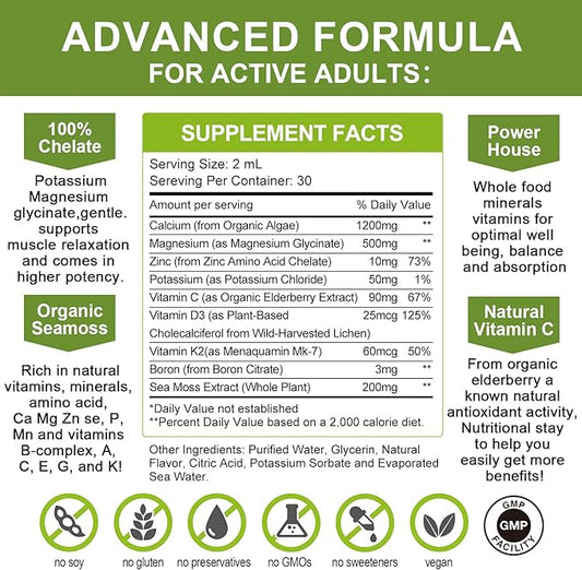 Calcium Magnesium Zinc Liquid with Vitamin D3, Magnesium Glycinate Plus Vitamin C K2| High Absorption Plant Calcium Supplement for Heart & Bone| Gluten Free，Sugar-Free | 60 Servings | Lemon Flavor