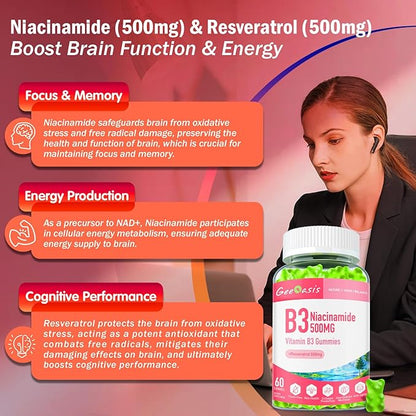Niacinamide 500mg Gummies, Chewable Vitamin B3 Supplement with Resveratrol 500mg, High Potency Niacin for Antioxidant, Skin & Brain Health, Immune Support, Vegan Apple Flavor, 60 Count
