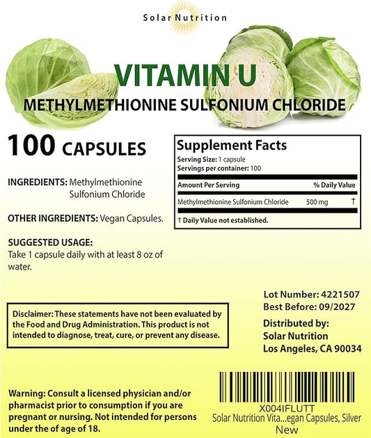 Vitamin U, Methylmethionine Sulfonium Chloride 500 mg, 100 Vegan Capsules, Silver