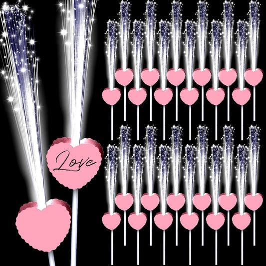 24 Pcs Wedding Sparklers Heart Shaped LED Glow Sticks Fiber Optic Wands Light up Wand with 3 Light Mode for Wedding Bridal Shower Birthday Glow in the Dark Party Supplies (Pink)