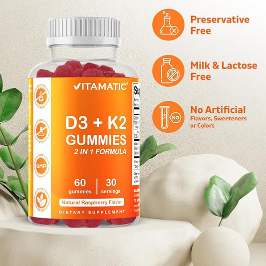 Vitamatic Vitamin D3 & K2 Gummies (2-Pack, 60 Count) Supports Healthy Bones, Heart Health, Calcium Absorption, and Immune Function Plant-Based, Non-GMO, Gluten-Free