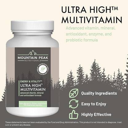 Mountain Peak Nutritionals Ultra High Multivitamin for Men & Women - with Vitamins A, B12, B6, C, D, E, Magnesium, Zinc, Folic Acid, Digestive Enzymes & Probiotics (180 Vegetarian Capsules)