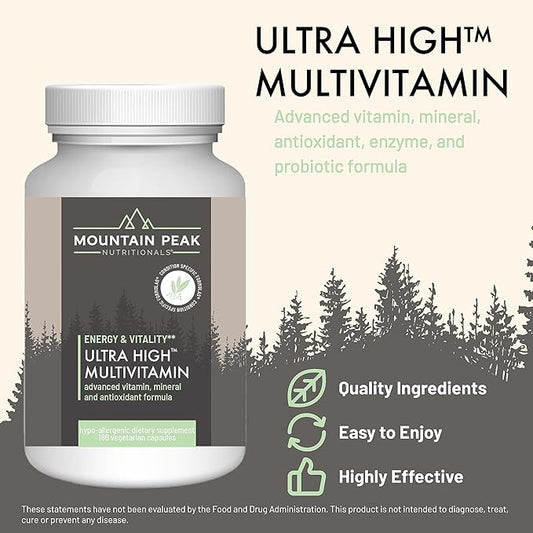 Mountain Peak Nutritionals Ultra High Multivitamin for Men & Women - with Vitamins A, B12, B6, C, D, E, Magnesium, Zinc, Folic Acid, Digestive Enzymes & Probiotics (180 Vegetarian Capsules)