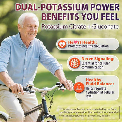 Potassium Citrate and Potassium Gluconate Supplement, 1200mg Two Forms of Potassium Gummies, w/Magnesium, Omega-3, Calcium, Vitamin D3 K2 B12 E B6, Folate for Muscles, Nerves, Health Bones, 120Cts