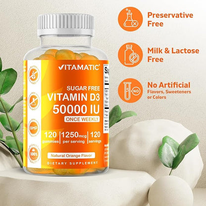 Vitamatic Sugar Free Vitamin D3 50,000 IU Weekly Supplement - 120 Pectin Based Gummies - Vitamin D Capsules for Bones, Teeth, and Immune Support (50000 IU) - 2 Pack