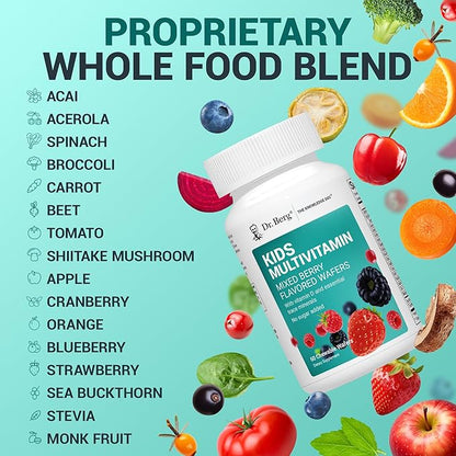 Dr. Berg Kids Chewable Multivitamins (NOT Sweetened w/Sugar) - Daily Multivitamin for Kids That Includes 20 Nutrients & Trace Mineral Complex - Mixed Berry Chewable Vitamins for Kid - Red Wafers