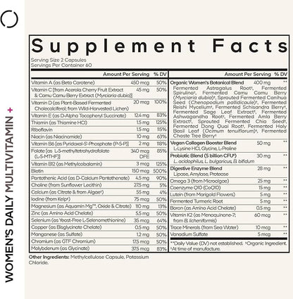 Codeage Women’s Daily Multivitamin, 25+ Vitamins & Minerals, Fermented, Organic Whole Foods, Probiotics Supplement - Vitamin A, B, C, D, E & K, Omega 3, Zinc – Vegan - 120 Capsules