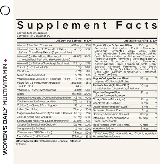 Codeage Women’s Daily Multivitamin, 25+ Vitamins & Minerals, Fermented, Organic Whole Foods, Probiotics Supplement - Vitamin A, B, C, D, E & K, Omega 3, Zinc – Vegan - 120 Capsules