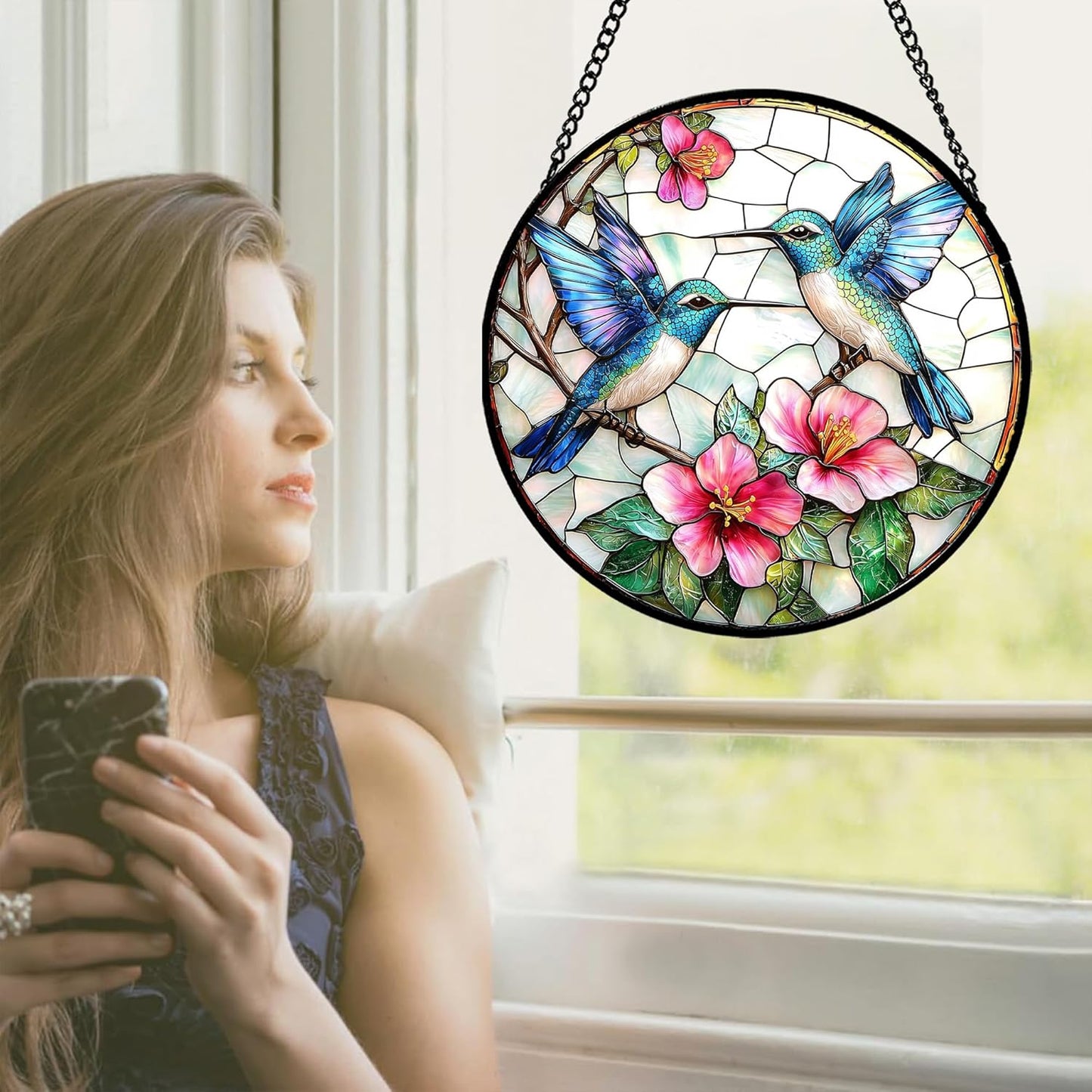 Stained Glass Window Hanging - Blue White Hummingbirds Pink Flowers Suncatcher for Door Terrace Garden Home Decor Bird Sun Catcher Birthday Gifts for Lovers Women Men Dad Mom Nana 11.8 in