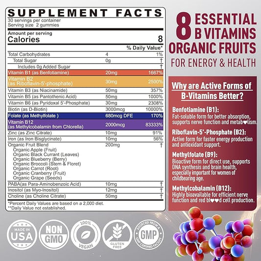 Brain & Mood Support Gummies, Super Vitamin B Complex for Men & Women, All B Vitamin B1 B2 B3 B5 B6 B7 B9 MethyB12 with PABA, Inositol, Choline, Supports MTHFR Gene & Energy, Vegan, 120Ct