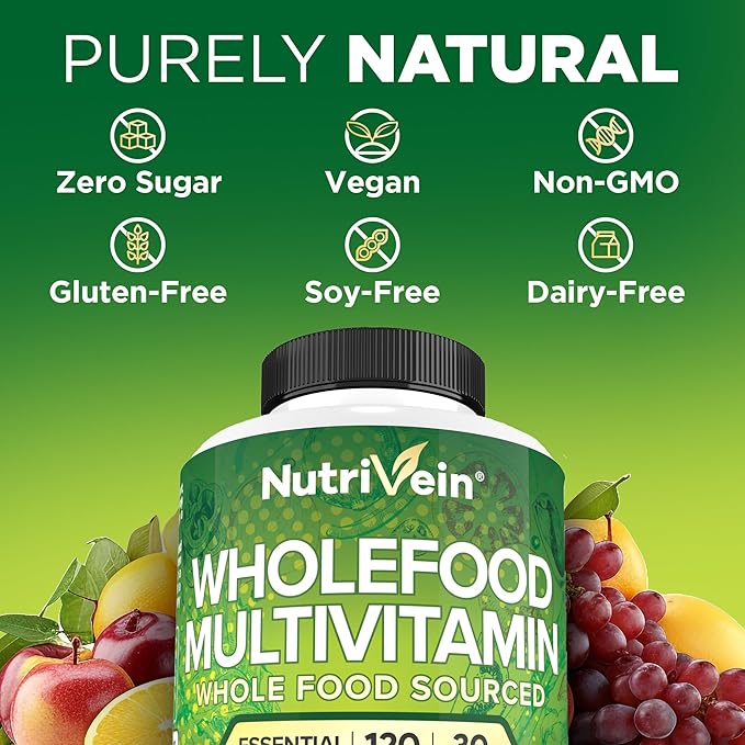 Nutrivein Whole Food Multivitamin for Men & Women – 120 Capsules – Daily Energy, Immune & Heart Support – Raw Fruit & Veggie Blend + B Vitamins