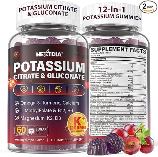 Potassium Citrate and Potassium Gluconate Supplement, 1200mg Two Forms of Potassium Gummies, w/Magnesium, Omega-3, Calcium, Vitamin D3 K2 B12 E B6, Folate for Muscles, Nerves, Health Bones, 120Cts