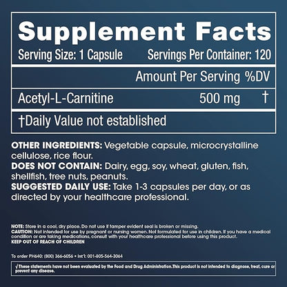 ProHealth Longevity Acetylcarnitine Brain & Heart Health Booster. Potent Antioxidant for Cognitive Protection & Muscle Maintenance. Supports Youthful Cellular Energy. 500 mg Per Serving, 120 Servings