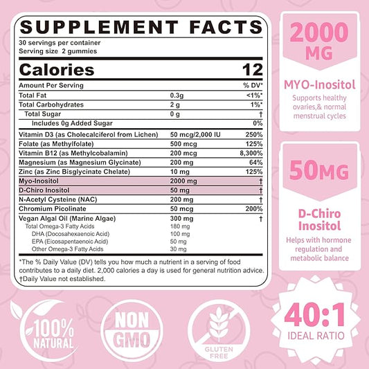 Myo-Inositol & D-Chiro Inositol Gummies for Women 2000mg + 50mg, 40:1 Ratio Inositol with Vegan Omega-3 + D3, Magnesium Glycinate, Methyl Folate + B12 for Female Health & Wellness, Sugar Free, 120 Cts