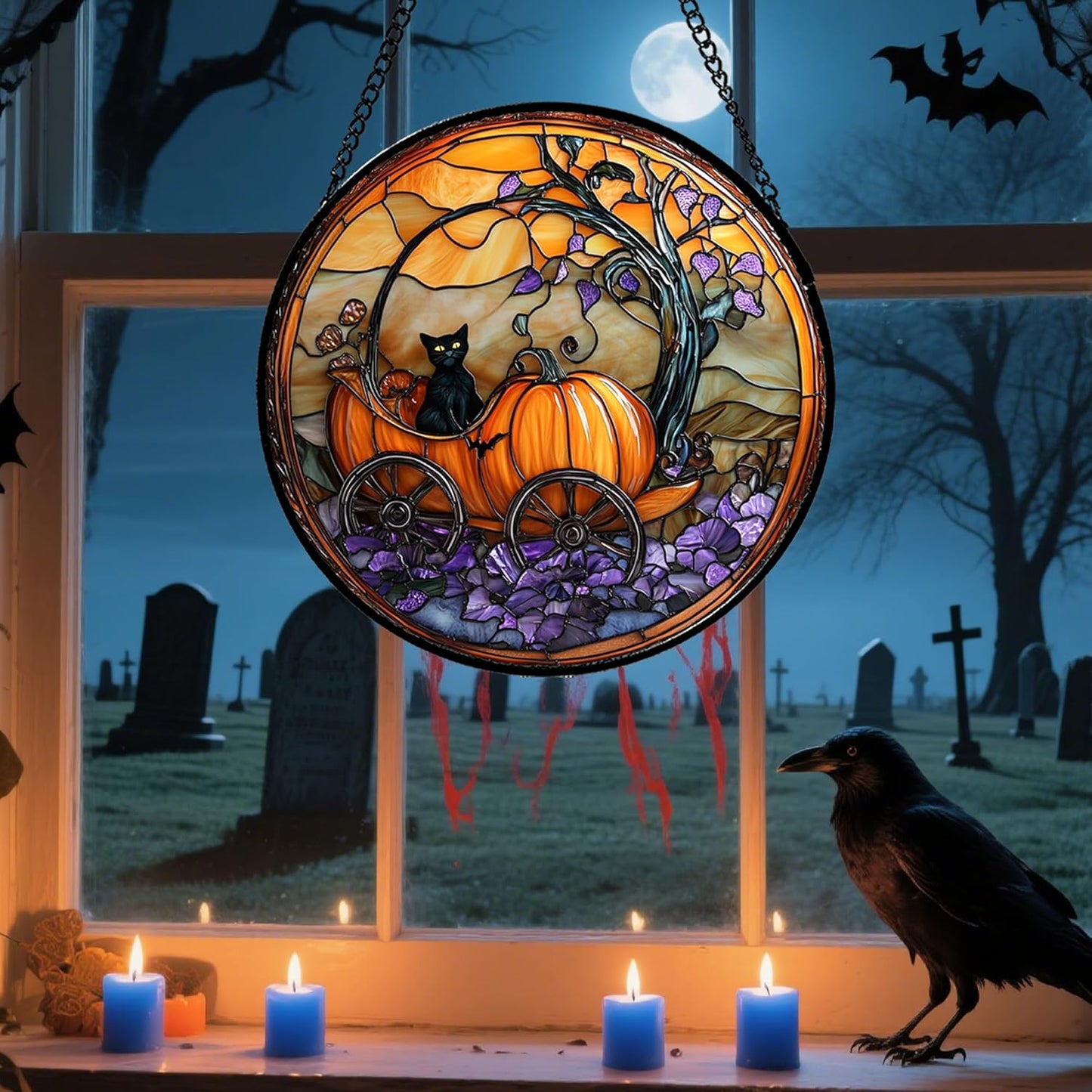 Stained Glass Window Hanging - Halloween Pumpkin Carriage Black Cat Suncatcher for Doors Window Garden Spooky Sun Catchers Gothic Decor Horror Gifts for Women Men Friend Boy Girl 11.8 in