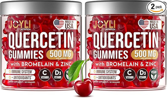 2 Pack - JOYLI Quercetin Gummies with Bromelain, Zinc, Vitamin C & D3 – Sugar-Free Quercetin Supplement for Immune Support & Seasonal Wellness – 500mg Quercetin for Kids & Adults – 60 Gummies per Pack